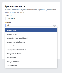 facebook işletme kategorisi